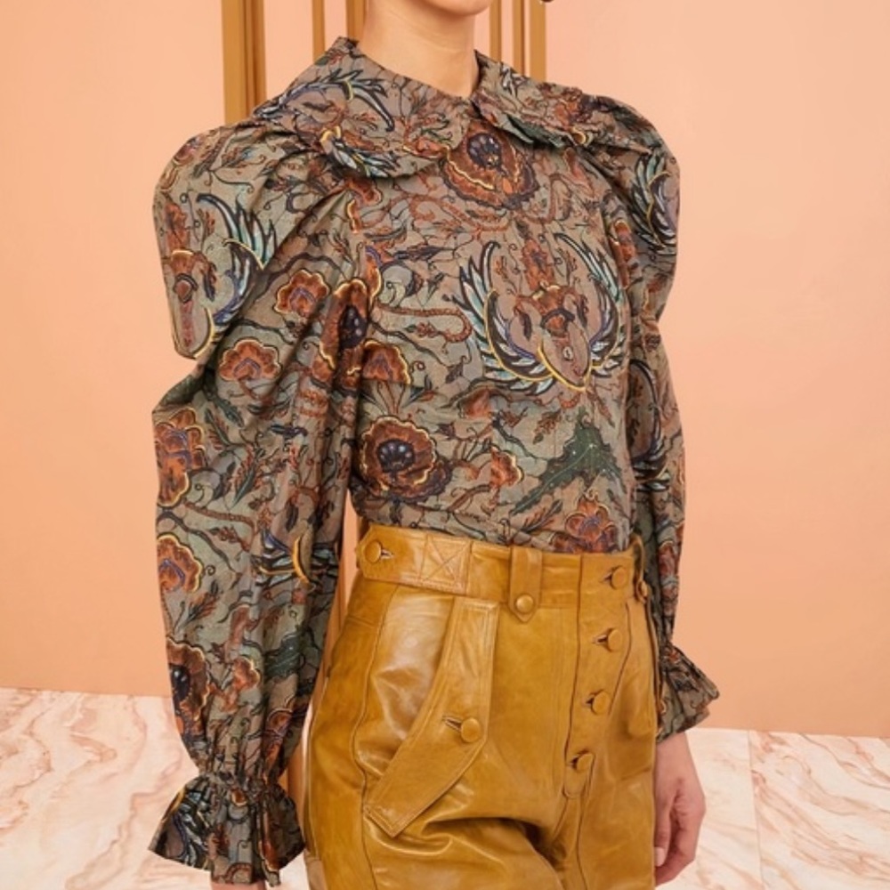 Ulla Johnson Floral Long Puff-Sleeve Marietta Cotton Blouse Peter Pan Collar - 6